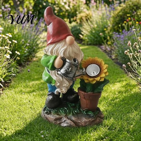 Realistic Resin Gnome Sculptures Solar Sunflower Garden Statue with LED Lights, Waterproof Figurine Gifts for Lovers Outdoor Patio Yard Lawn Decor And