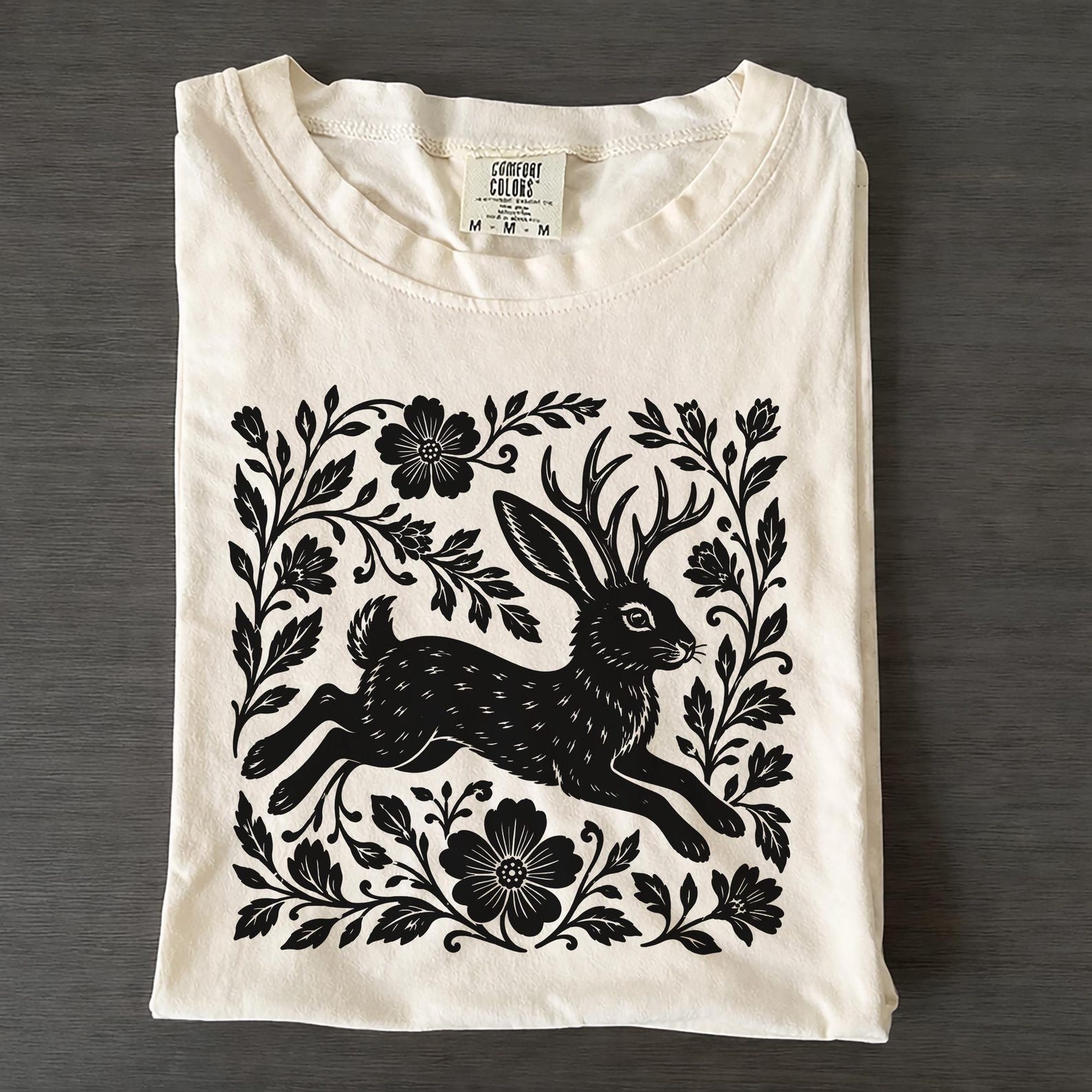 Linocut Jackalope Shirt, Dark Cottagecore Rabbit Folklore Tee, Folk Art Animal Graphic M