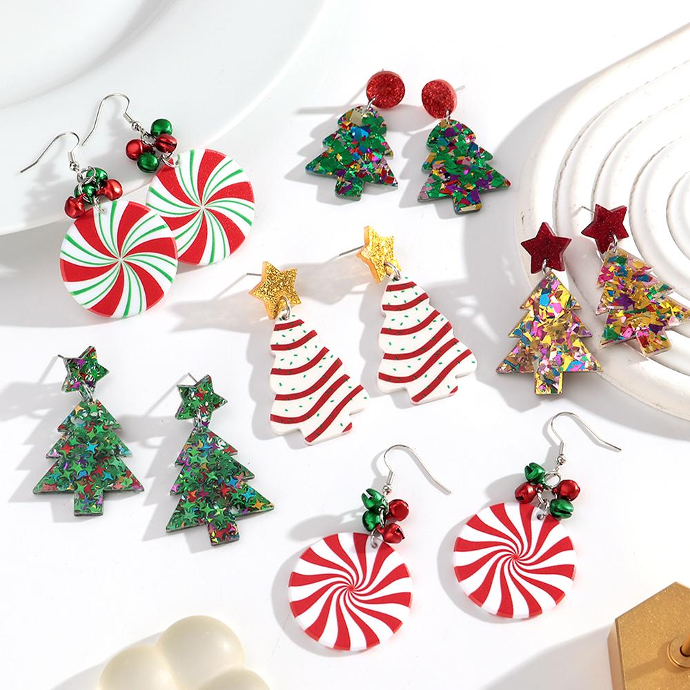 Colorful Sequin Acrylic Christmas Tree Drop Earring Set for Women Trendy Xmas Candy Bells Statement Earring Party Jewelry Gifts