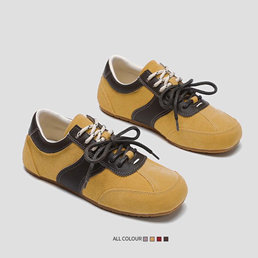 Leather red German training shoes women's 2025 spring new flat bottom soft sole thin square head running casual Forrest Gump shoes