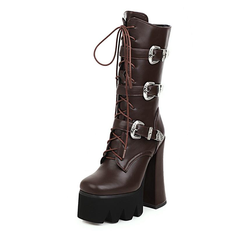 Sexy Punk Combat Boots Women Leather Platform 2024 Autumn Fashion Rubber Gothic Thick Heels Mid-calf Boot Women Large Size 48