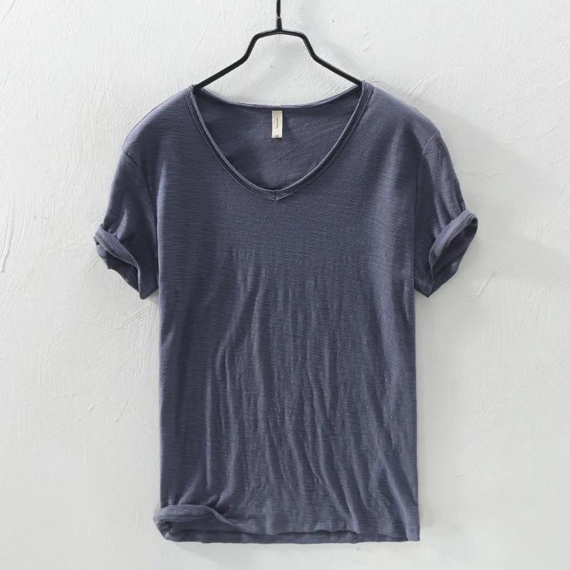 Herren T-Shirt Einfarbige V-Ausschnitt Kurzarm Tops T-Shirts Mann T-Shirt Schlanker Mann Bambusfaser T-Shirts Fitness Männliche Kleidung