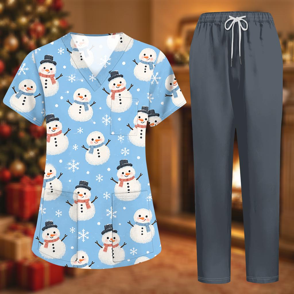 Women's Uniform Set with Short Sleeve Christmas Print Top and Pants, Two-Piece Caregiver