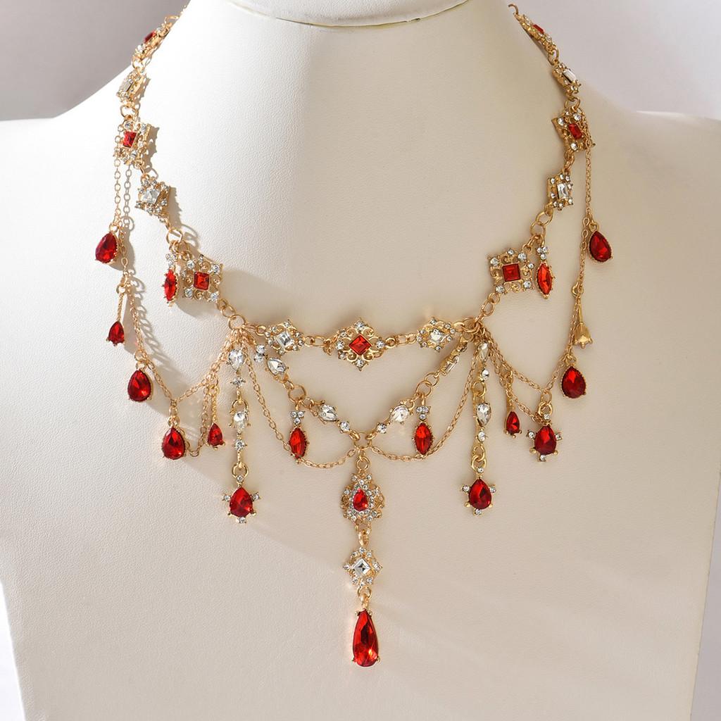 Gothic Necklace Geometric Red Gemstone Pendant With Multilayer Design For Women