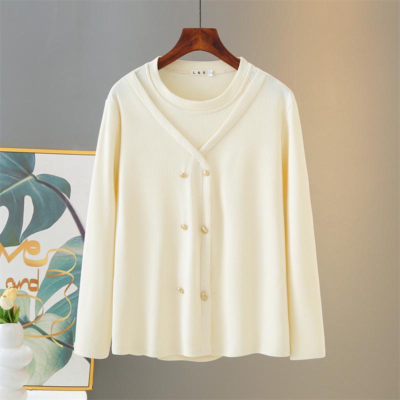 

2026 Spring Plus Size Long Sleeve Slimming Round Neck Shirt. 4XL миндальный/бежевый