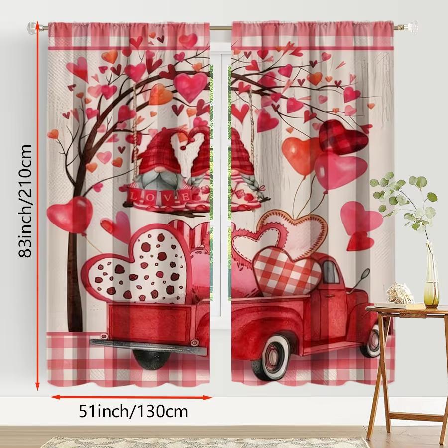 2PCS Multicolor Valentine's Day Gnome Red Truck And Heart Tree Pattern Curtains Rod Pocket Design For Bedroom And Living Room