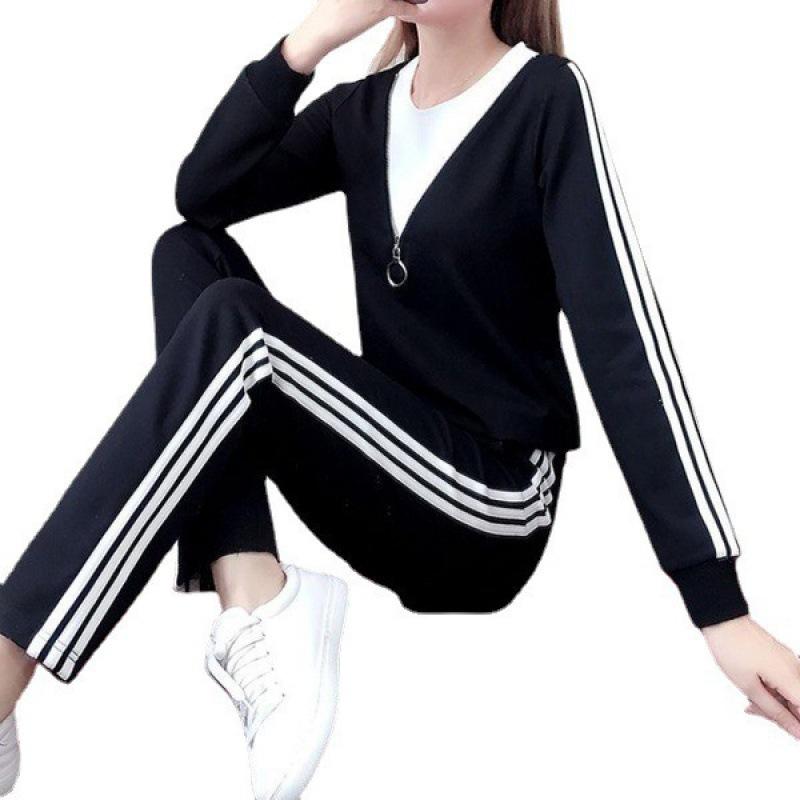 Módní ležérní tepláková souprava na zip pro ženy Jaro a Podzim Korejský styl Dlouhý rukáv Volná Barevně sladěná Sportovní dvoudílná sada