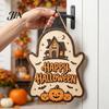 Balkonfenster Deko Halloween Holz Hängeschild, Rustikales Geist Fledermaus Schwarze Katze Hexenhut Wanddeko, Dekorative Plakette Gruseliger Anhänger mit Hanf