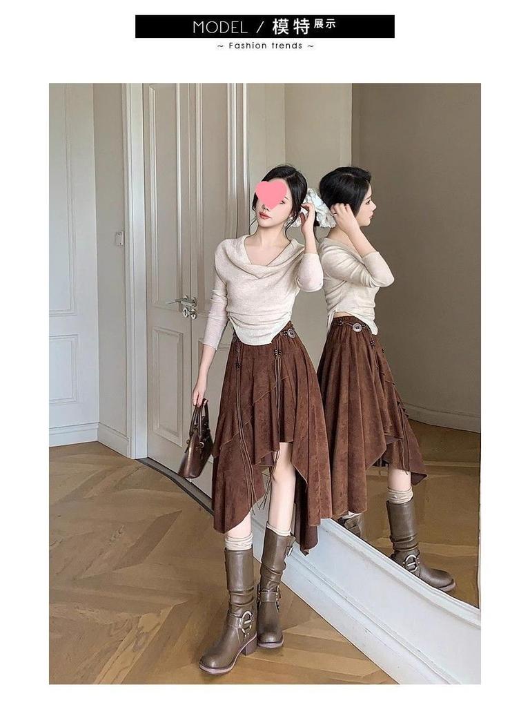 Women's Autumn High-Waist French Ruffle Suede Midi Skirt, Anti-Exposure with Irregular Fluffy Design