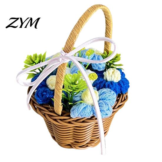 Artificial Flower Arrangement for Desk Hand Knitted Wool Basket, Decorative Mini Crocheted Floral with Simulation Art Home Ribbon, Plant Ornament