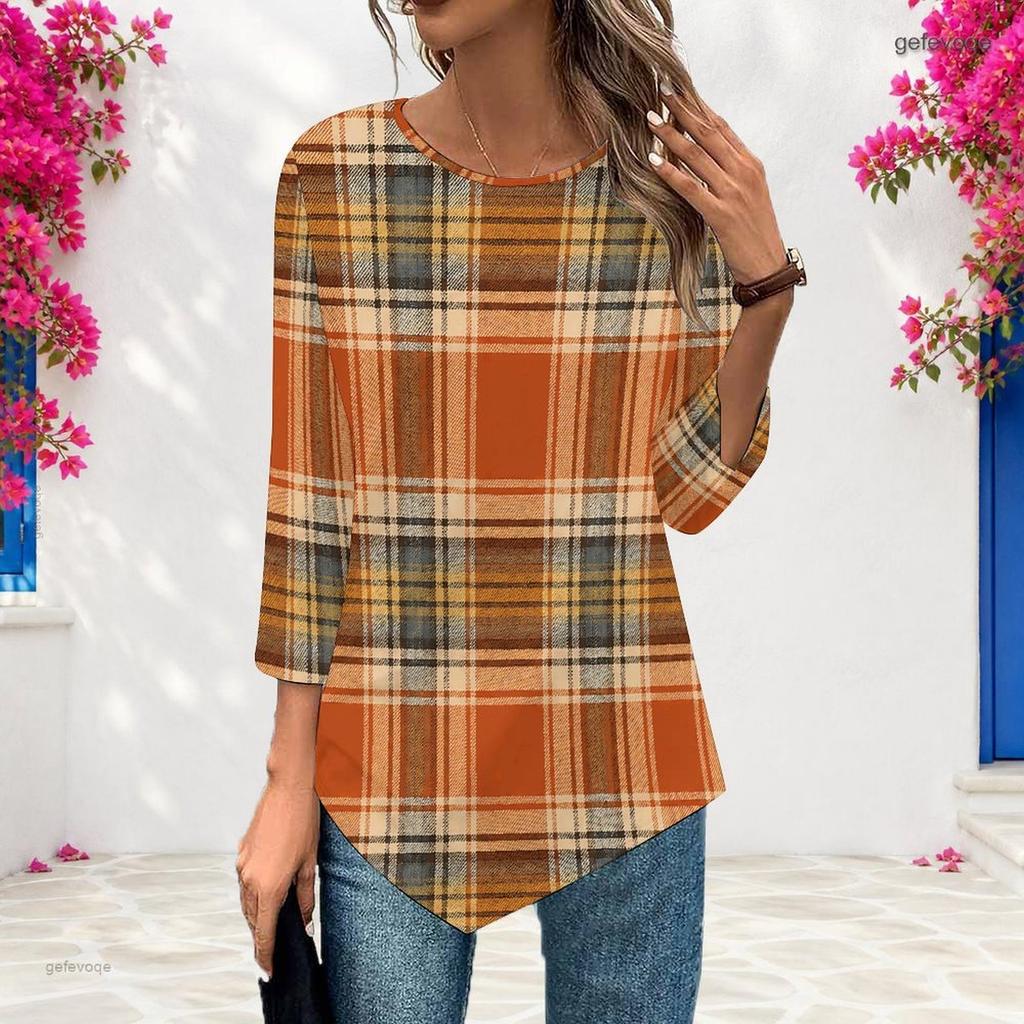 Women Plus Size Round Neck Three Quarter Sleeve Geometric Printed Pointed Hem Casual Blouse