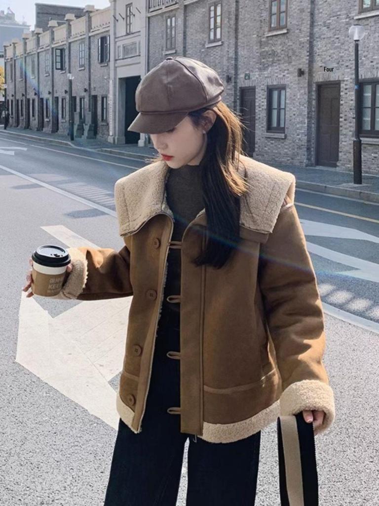 2024 Women's Korean Style Cold-Proof Fur-Integrated Motorcycle Jacket, Petite Fit, Plus Velvet