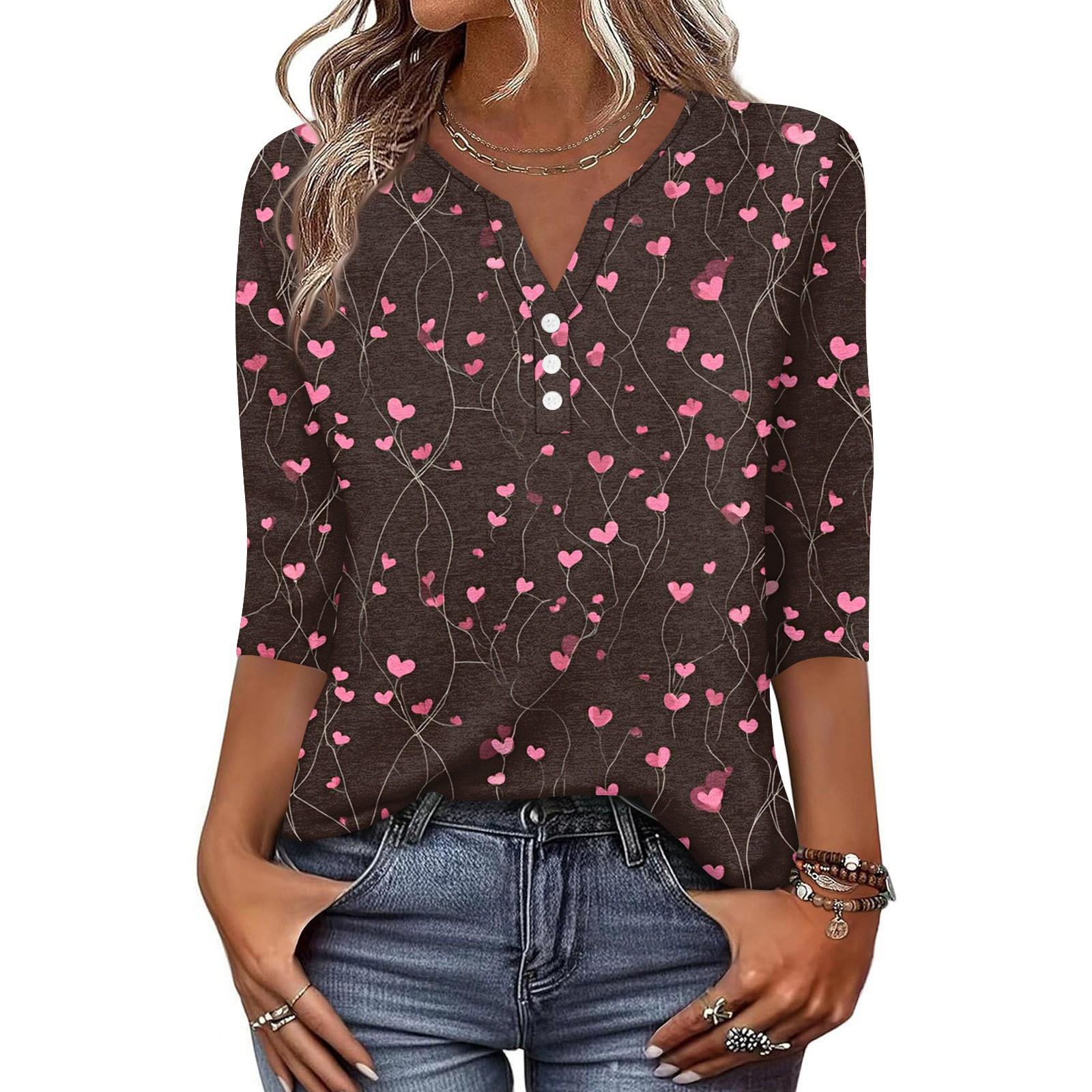 

Жен. Футболка С принтом Пуговицы Рукав 3/4 Повседневные Выходные Мода Классический Классический V-образный вырез Обычный Верх M тёмно-синий