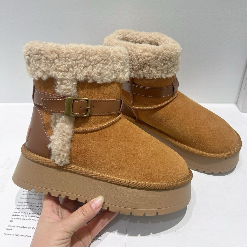 2025 Winter New High Tube Flip Curly Hair Mouth Belt Buckle Snow Boots Thick-soled Knight Boots Tide