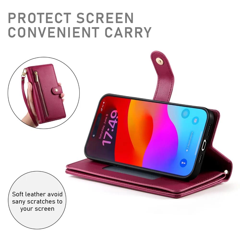 Zipper Leather Crossbody Phone Case for iPhone 17 Air 16 15 14 13 12 11 Pro Max 16e XS XR 8 7 Plus SE Card Solt Wallet Cover