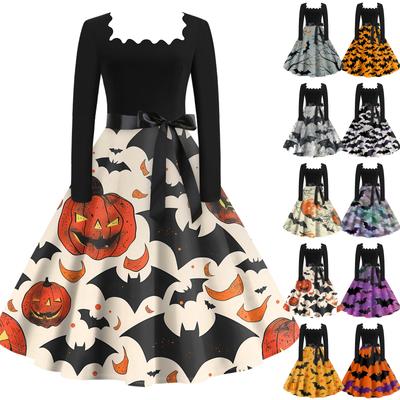Halloween Print Flare Dress For Women Long Sleeve Dress Hollow Party Casual Dresses