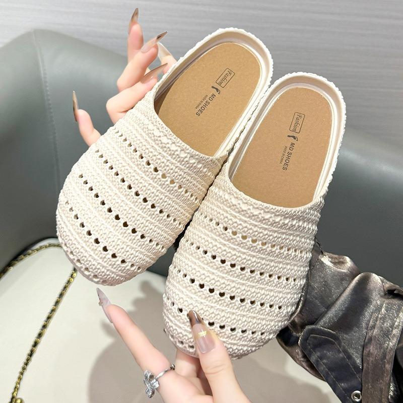 Spring and summer women's niche hollow casual flat bottom versatile soft bottom outer wear bag head slippers white brown universal