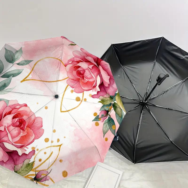 1pc Rose Floral Automatic Folding Umbrella, Heavy Duty 8 Rib Iron Frame,  Suitable for Travel, Daily Use, Birthday, Decor Gift m0104041