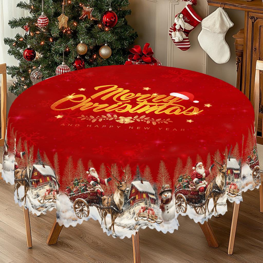 Weihnachts-Vintage-Bauernhaus-Tischdecke mit Weihnachtsmann-, Rentier- & Weihnachtsbaum-Aufdrucken. Rechteckige & runde Größen für Weihnachts-/Neujahrspartys, Küche, Innenbereich &