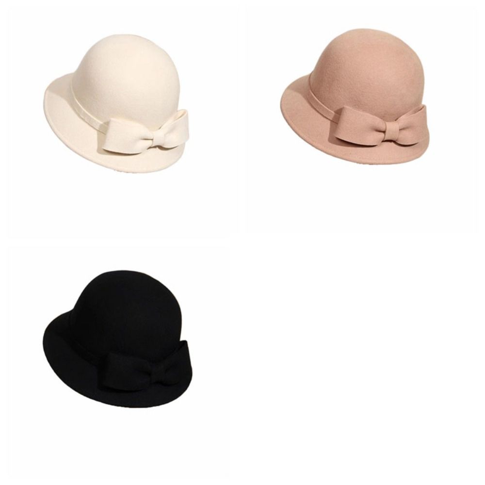 French Style Women Fisherman Hat Keep Warm Woolen Bucket Hat Fashion Bow Topper Hat  Girl