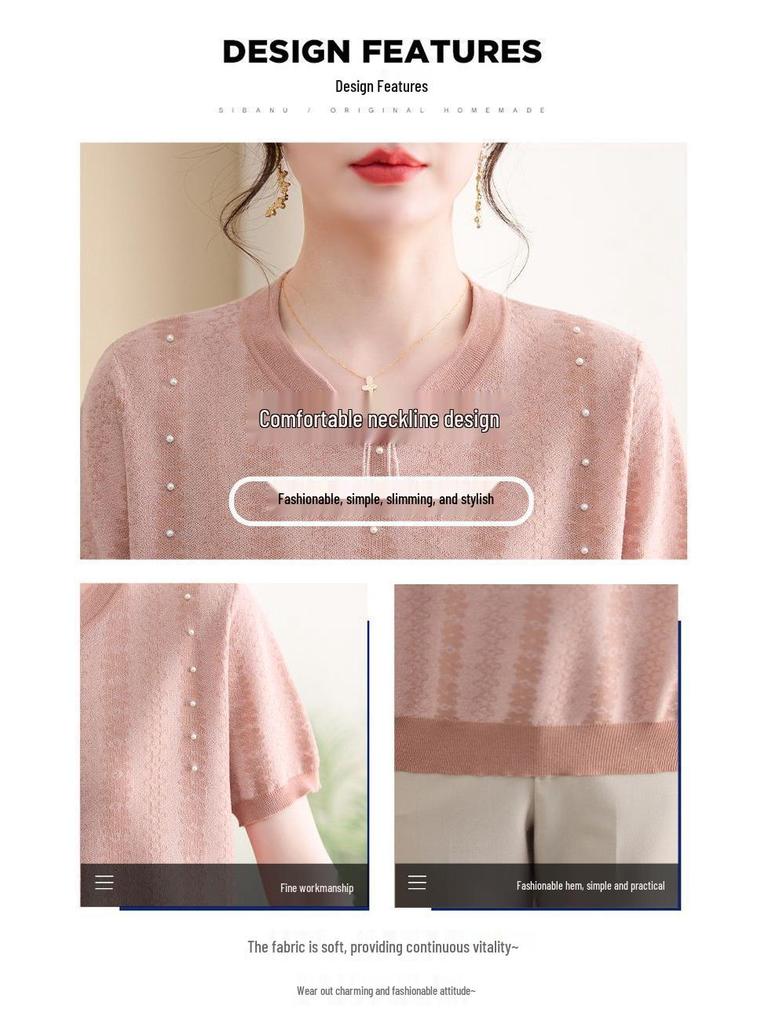 Schickes Sommer-Eis-Seiden-Qipao-Kragen Kurzarm Zweiteiler für mittelalte und ältere Frauen - Strick-T-Shirt-Oberteil in Übergröße