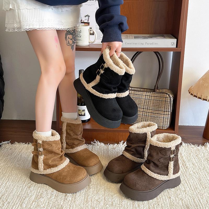 [Fanfna] Snow boots women's 2025 winter new thick-soled piled thickened warm retro lamb wool cotton shoes