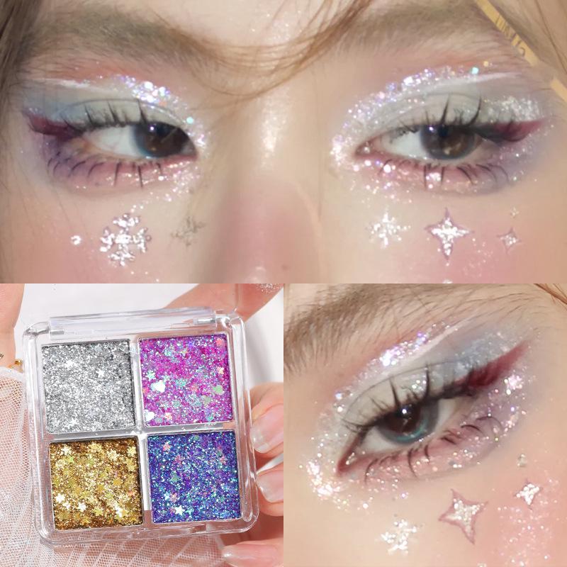 Four-color Glitter Eyeshadow Gel: Fine Shimmer for Stage, Festival, or Event Makeup. No Glue Needed.