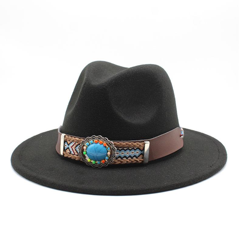 Ethnic Style Flat-Brimmed Big-Eave Hat Straight-Brimmed Jazz Hat Woolen Top Hat