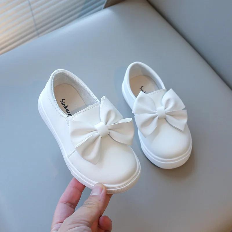 

New Kids Girl Leather Shoes with Large Butterfly-knot All White Leisure Student Girls Shoes Child School Slip on Footwear H09211 22 белый