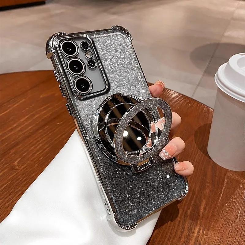 Glitter Shockproof Silicone Case For Samsung S25 S24 FE S23 A06 A16 A55 A56 Mirror Holder Stand Soft Case For Galaxy A36 Cover