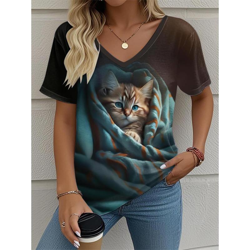 2025 New Cat Women's V-Neck T-Shirt Summer Outdoor Fashion Short Sleeve Tops Animal Printed Patterns OverSize Women's Clothing