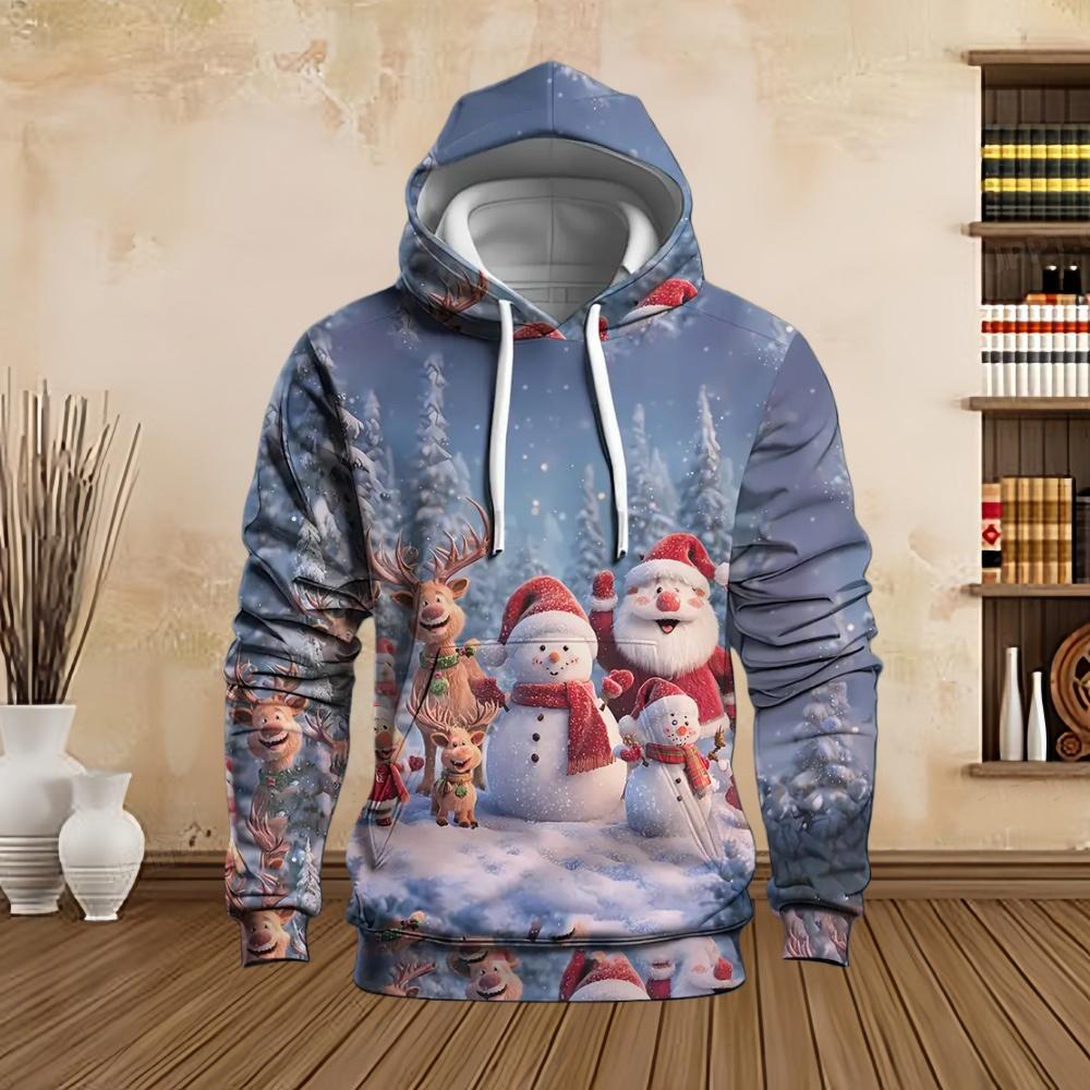 New in Sweatshirts Christmas Santa with Snowman Graphic Print Men's Cozy Drawstring Long Sleeve Pullover Sweatshirt Hoodie Tops