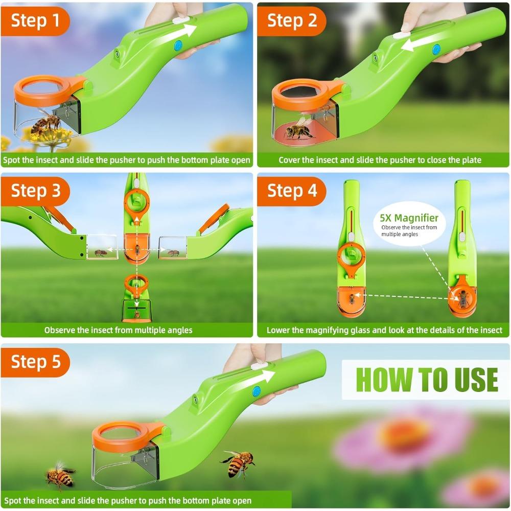 BugView 5X Magnifying Quick-Release Bug Catcher with LED Lights Insect Catcher Indoor & Outdoor STEM Toys Tool for Kids Adults