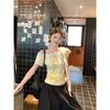 Yellow Slanted Shoulder Floral Lace Splicing Short-sleeved T-shirt Women's Spring and Summer New Slim-fitting Off-the-shoulder Waist Top