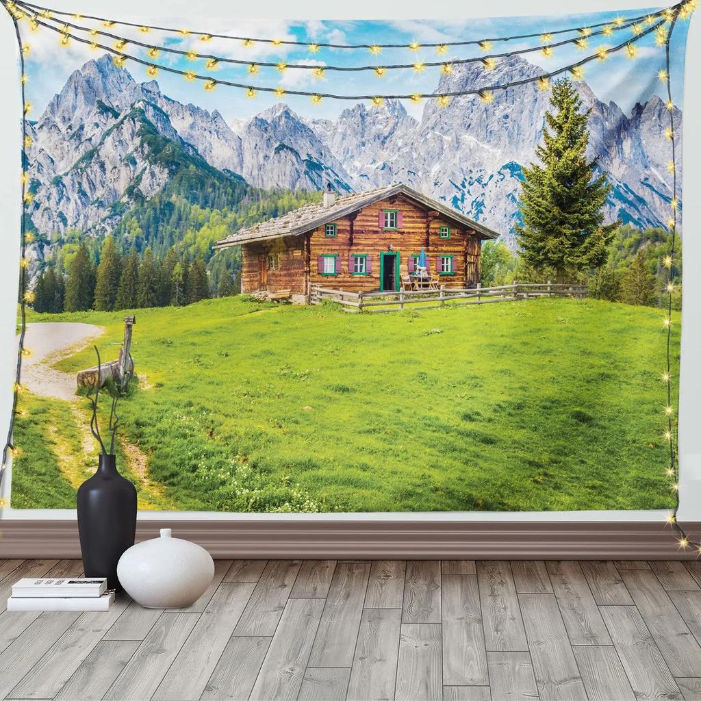 Snow House Tapestry Winter Landscape Tapestry Snowy Tree Woodland Tapestries Wall Hanging for Bedroom Living Room Dorm Office