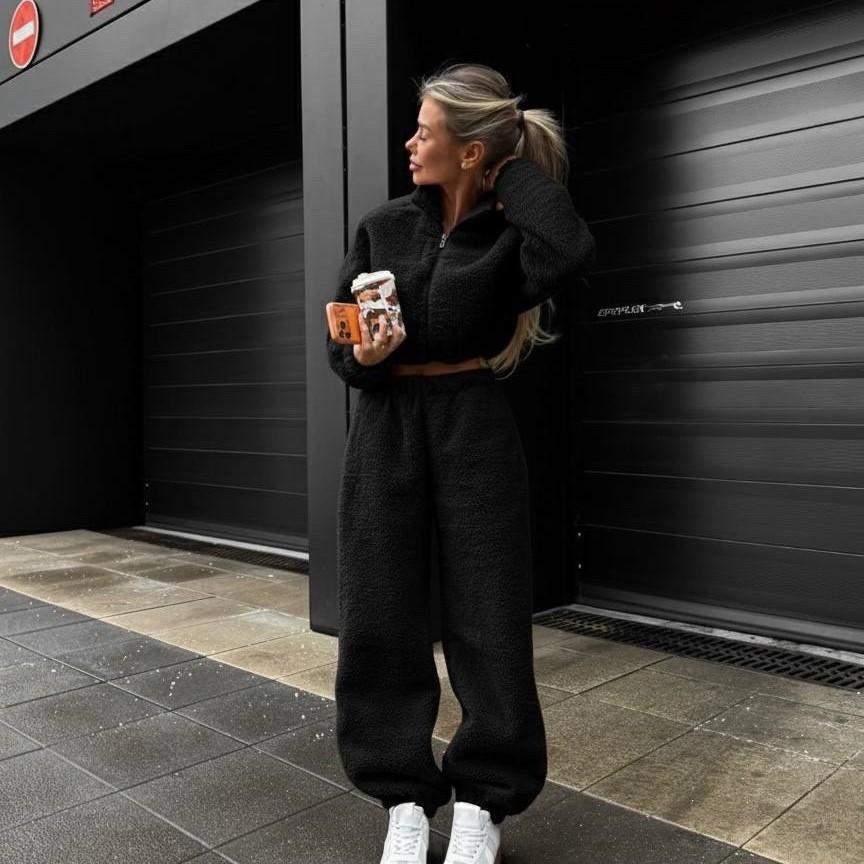 Europe, America, autumn and winter new home suit solid color round neck pullover long sleeve two-piece set casual pajamas can be worn outside