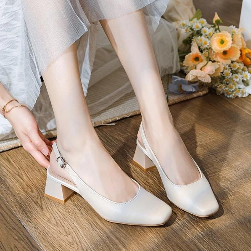 Mid Thick Heel High Heels Women's Shoes French Baotou Shallow Mouth Sandals Women's Summer Large Coarse Heeled Sandals