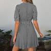 Women’s Casual Striped Short Sleeve V Neck Button Down A Line Shirt Dress with Adjustable Waist and Collar Design