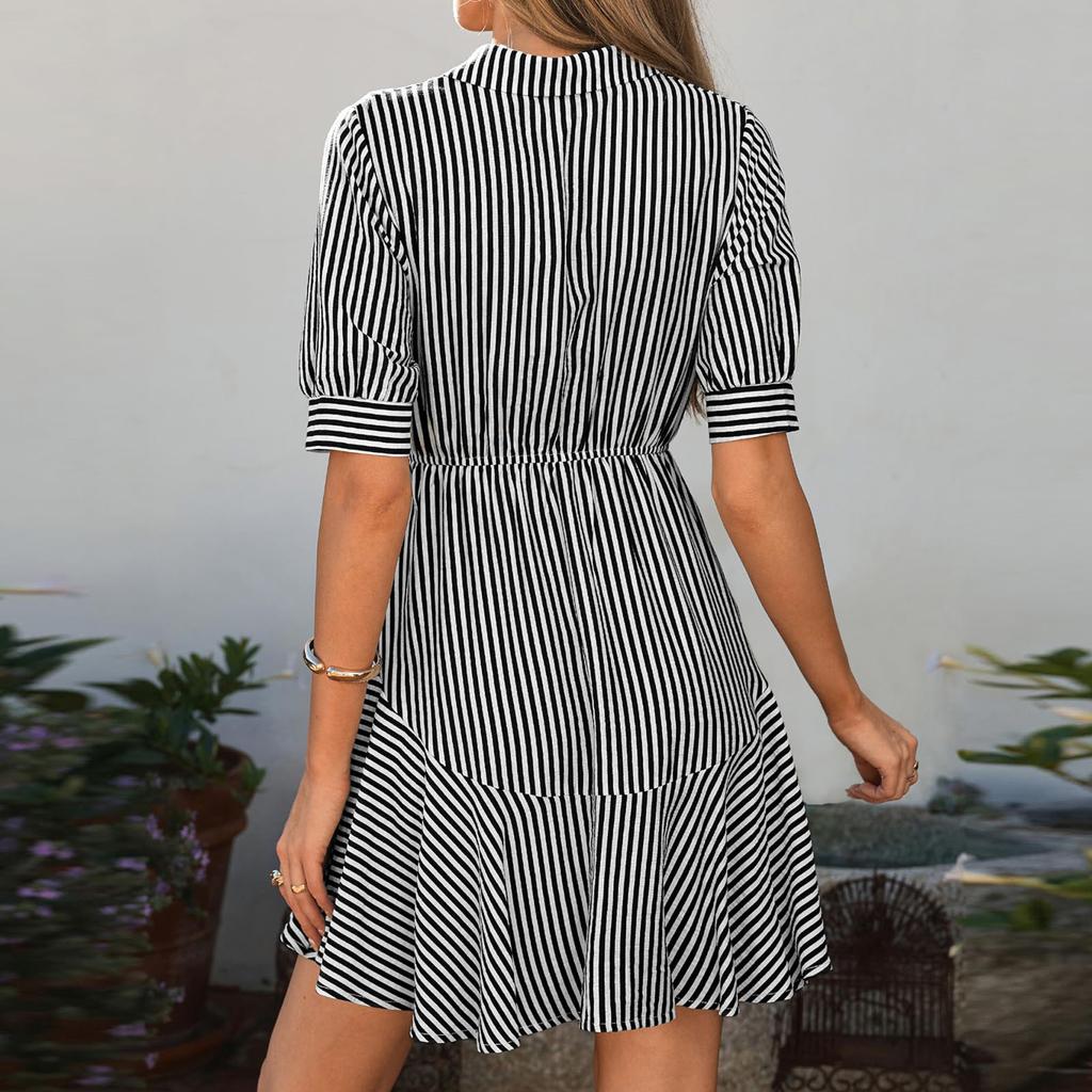 Women’s Casual Striped Short Sleeve V Neck Button Down A Line Shirt Dress with Adjustable Waist and Collar Design