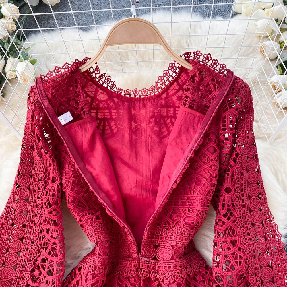 RUGOD Robe rétro haut de gamme de déesse du tempérament, robe trapèze en dentelle à crochet creux à taille fine et fleur