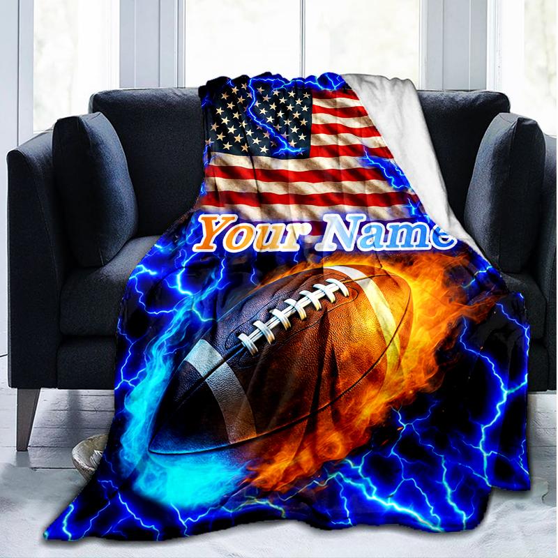 1PC Custom Name American Football Firework outdooor Flannel blankets Patterns Throw Blanket All-Season Soft Gift for Couch, Bed, Camping gifts