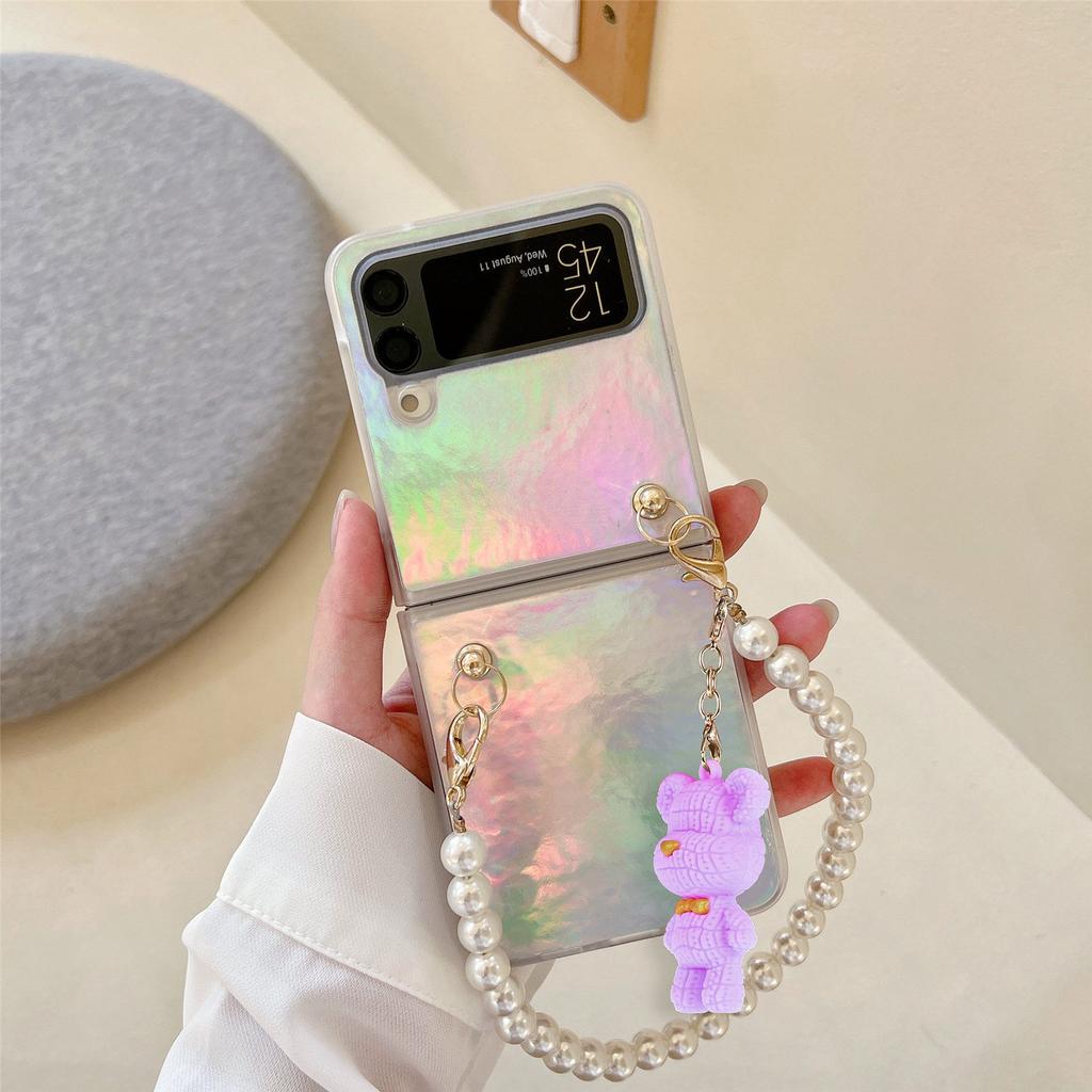Für Samsung Galaxy Z Flip 4 5g Luxus Aurora Bunte Hülle mit Perlenkette Bär Anhänger Laser Gradient Bling Anti-Drop Cover
