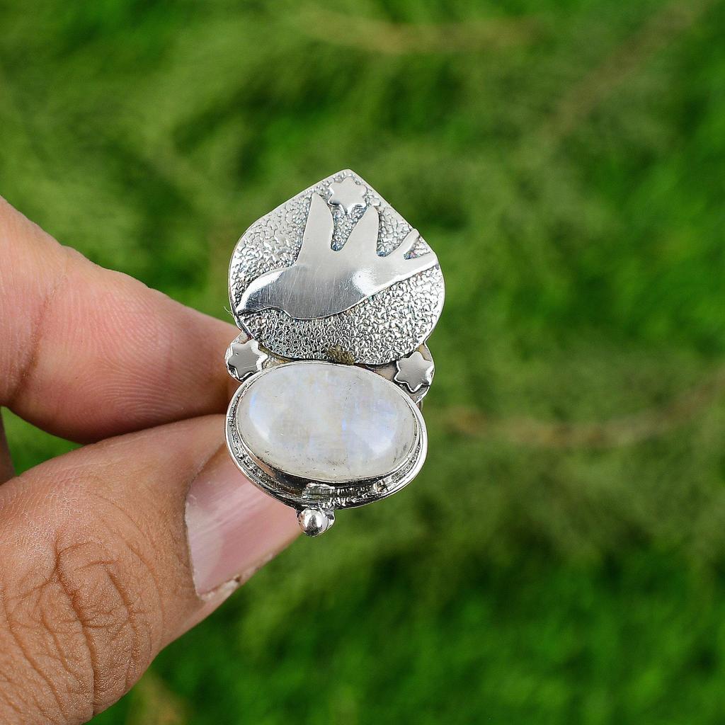 Natural Rainbow Moonstone 925 Silver Solitaire Bird Adjustable Ring For Girls