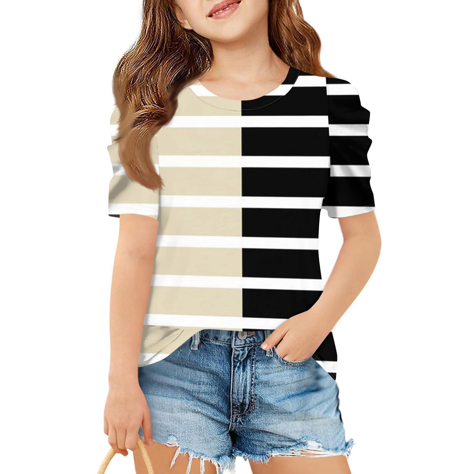 

Летний топ с коротким рукавом для девочек, детская полосатая футболка кэжуал с круглым вырезом 120 хаки