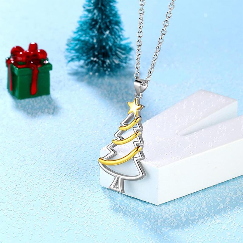 Huitan Hollow Two Tone Christmas Tree Pendant Necklace for Women Aesthetic Festival Gentle Star Accessories Winter Party JewelryGood product