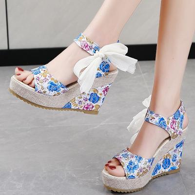 Fashion Elegant Flower Print Open Toe Sandal Women Fashion Bow Knot Super High Heel Sandals Woman Party Wedding New Wedge Sandal Female