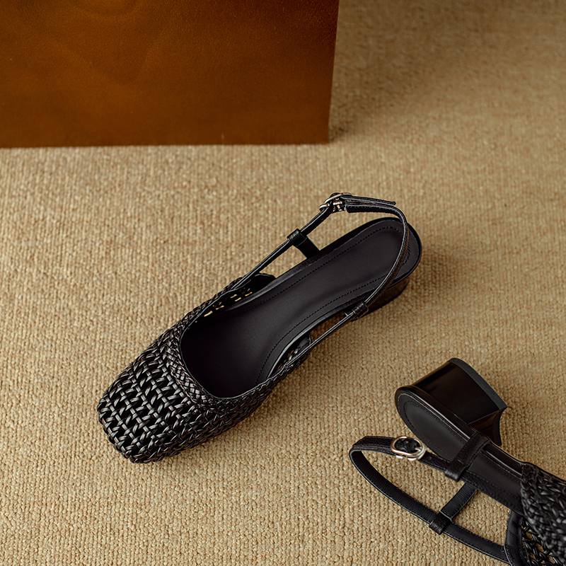 Krazing Pot Microfiber Weaving Summer Size 41 Med Heels Slingback Party Shoes Women Square Toe Gladiator Hollow Out Pumps