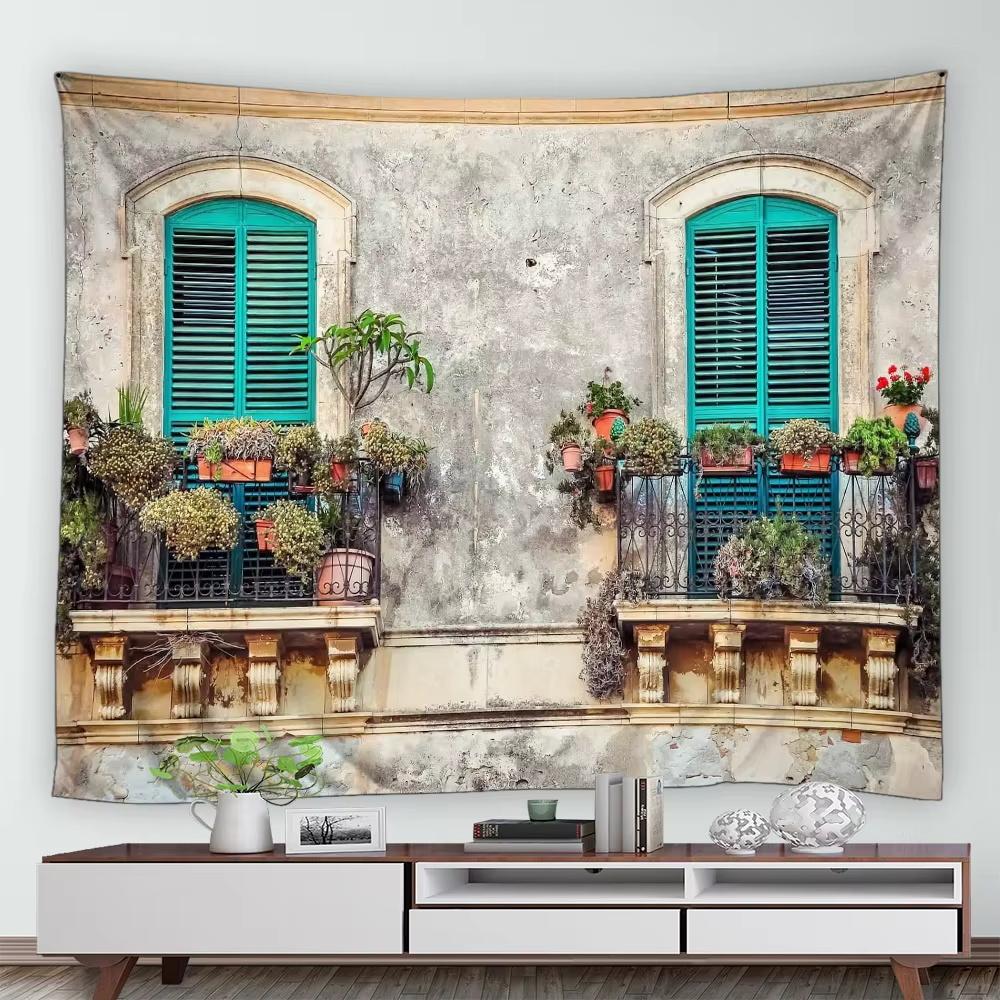 Street Flower Scenery Tapestry Vintage Blue Wooden Door Floral Plants Nature Landscape Home Garden Decor Wall Hanging Picnic Mat