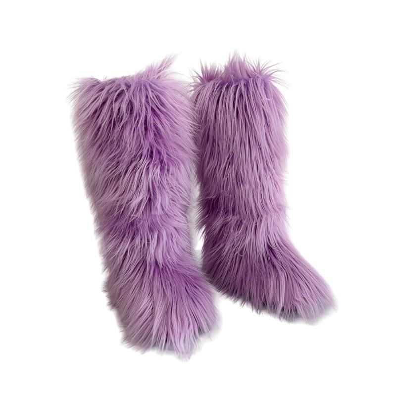 Faux Fur Snow Boot for Women Winter Warm Fluffy Long Furry Long Boots Women's Outdoor Fuzzy Knee-High Boots Plush Warm Snow Shoes for Outdoor Indoor