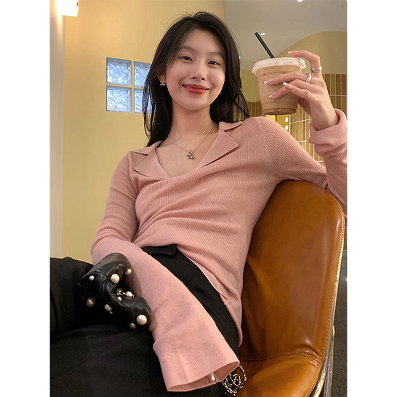 Polo collar slim-fit threaded knitted sweater women's autumn pure desire wind collar slim long-sleeved top bottoming shirt